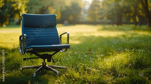 blue office chair in sunny parks meadow