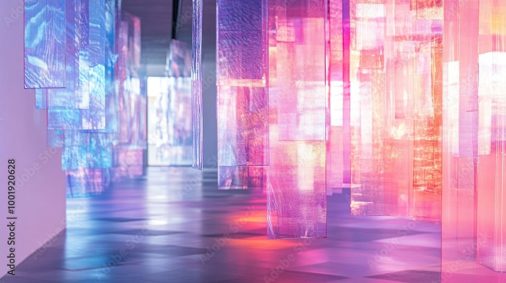 Naklejka premium Abstract Installation of Hanging Glass Panels with Pink and Blue Iridescent Light