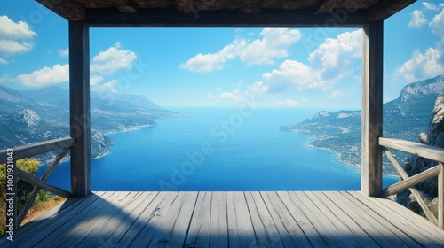 Perspective from a wooden lookout  with the ocean stretching endlessly ahead