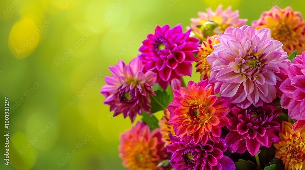 Bright bouquet of dahlias on green background Bright bouquet of dahlias on green background