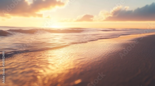 Sunset on a quiet beach, warm golden light spreading across the sand