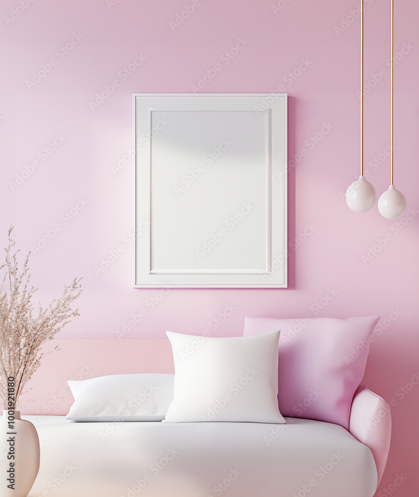 Mockup of white frame on the ponk wall. Sunny daylight. Modern interior with cute girly furniture, sofa and shadows from the window. pink background. Mock-up poster frame. Mockup of white frame on the ponk wall. Sunny daylight. Modern interior with cute girly furniture, sofa and shadows from the window. pink background. Mock-up poster frame.
