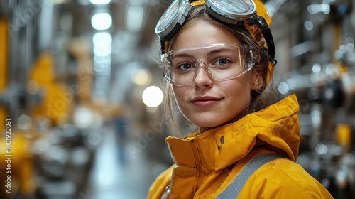 Young woman in a safety jacket and goggles stands confidently in an industrial facility during daytime