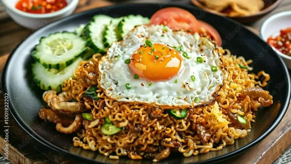 Delicious Noodles with Fried Egg, Cucumber, and Chili Sauce Delicious Noodles with Fried Egg, Cucumber, and Chili Sauce