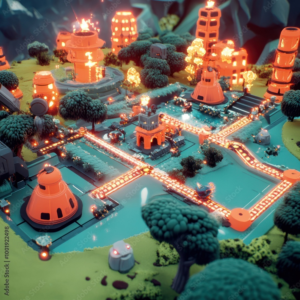 Obraz premium Miniature Model of a Futuristic City with Glowing Structures and Pathways