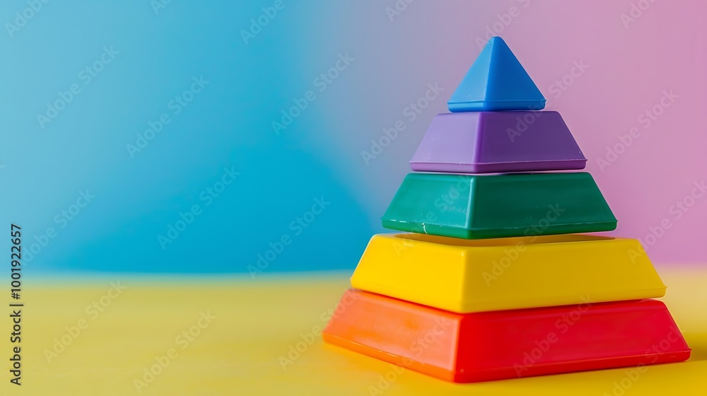 Children toy plastic colorful pyramid of seven elements dismantled isolated on colorful background Children toy plastic colorful pyramid of seven elements dismantled isolated on colorful background