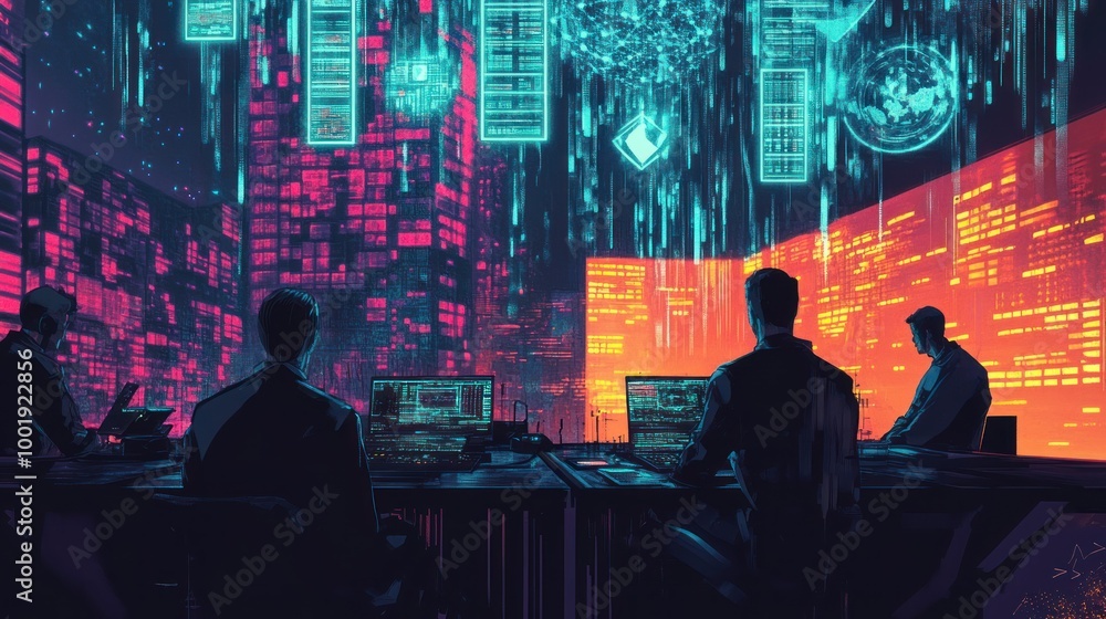 Hackers Working in a Futuristic City with Neon Lights Hackers Working in a Futuristic City with Neon Lights