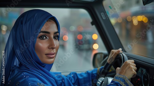 Woman driving in a blue hijab during rainy weather photo