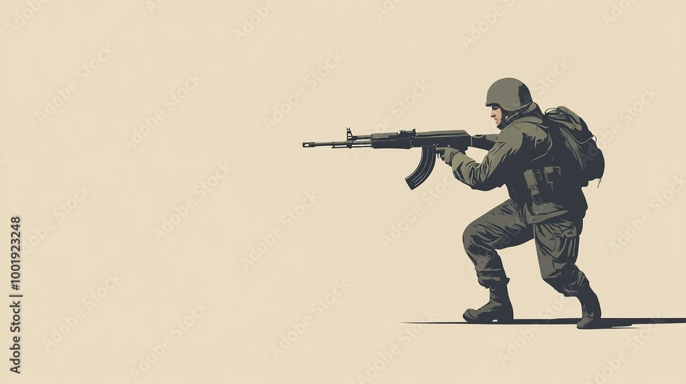 A modern Russian soldier depicted in a full-length, flat silhouette, standing confidently with a Kalashnikov rifle at the ready. The soldier is portrayed in a dynamic posture, showcasing the strength A modern Russian soldier depicted in a full-length, flat silhouette, standing confidently with a Kalashnikov rifle at the ready. The soldier is portrayed in a dynamic posture, showcasing the strength