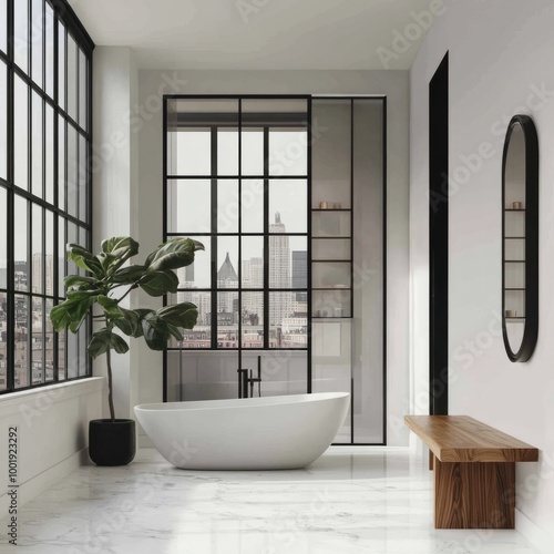 A modern bathroom with large windows, white walls, and marble floors. photo