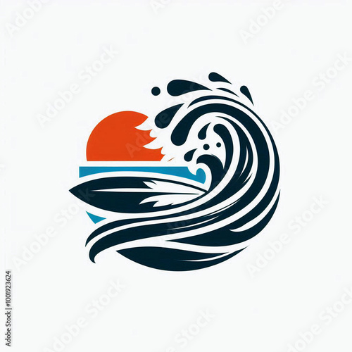 A surf board against the orange sun in large wave surfing icon square