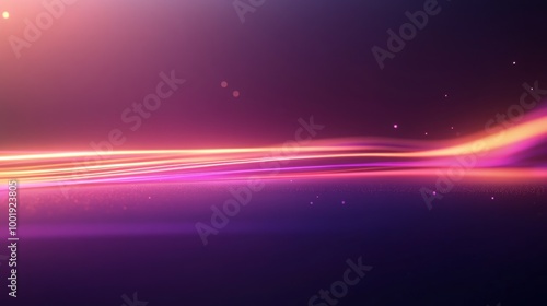 Glowing neon lines form wavy shapes across a smooth metallic surface, creating a vibrant and abstract digital landscape filled with floating particles