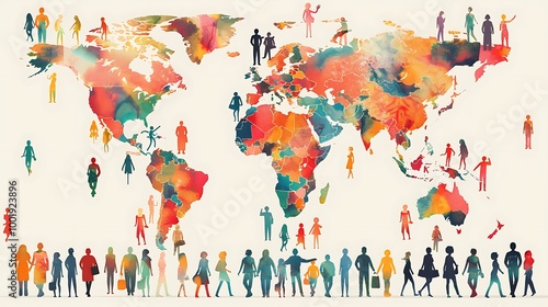 Wallpaper Mural Watercolor world map depicting global diversity with numerous people figures spread across the continents, symbolizing a united and interconnected world. Torontodigital.ca