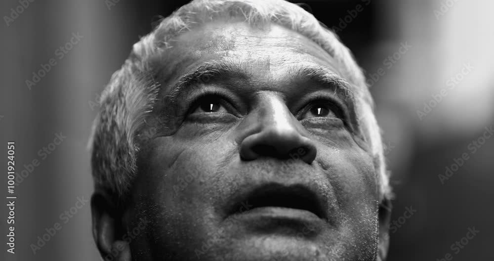 Spiritual Older man close-up face looking up at sky with contemplative gaze in monochromatic black and white. Eyes looking up with HOPE and FAITH Spiritual Older man close-up face looking up at sky with contemplative gaze in monochromatic black and white. Eyes looking up with HOPE and FAITH