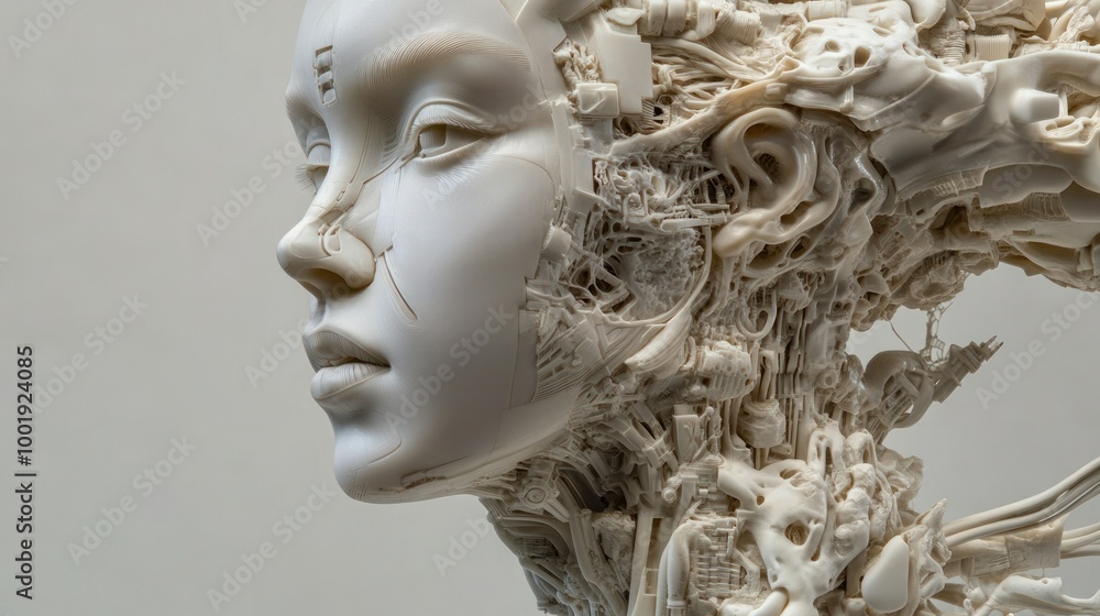 White Figurative Sculpture of a Woman with Mechanical Parts White Figurative Sculpture of a Woman with Mechanical Parts