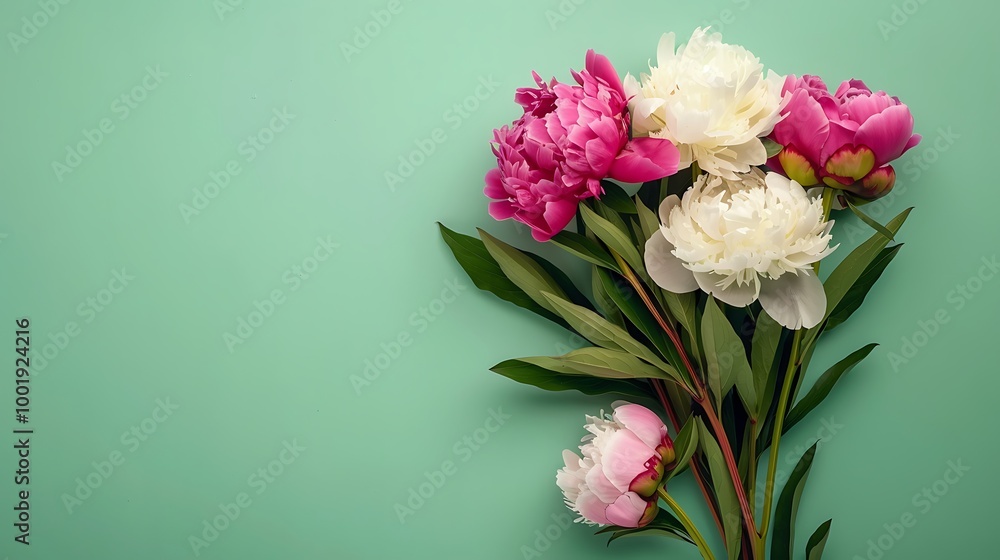 Obraz premium Colorful bouquet of peonies on green background