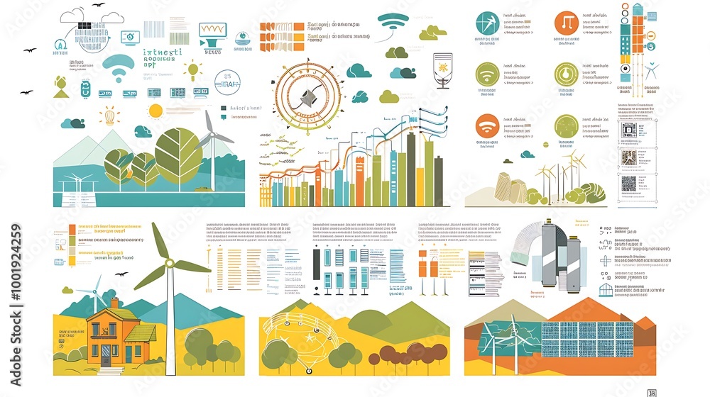 Colorful infographic depicting green energy solutions with showcasing wind turbines solar panels and data visualizations for renewable energy sustainability and eco technology concept. Colorful infographic depicting green energy solutions with showcasing wind turbines solar panels and data visualizations for renewable energy sustainability and eco technology concept.