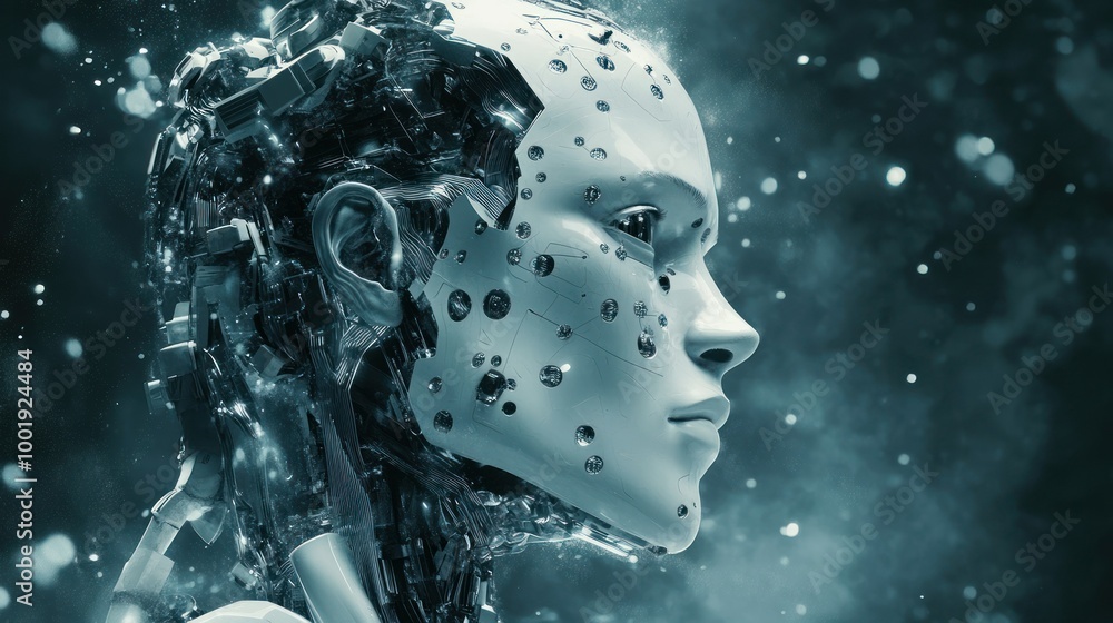 A Close-Up of a White, Mechanized Humanoid Head A Close-Up of a White, Mechanized Humanoid Head