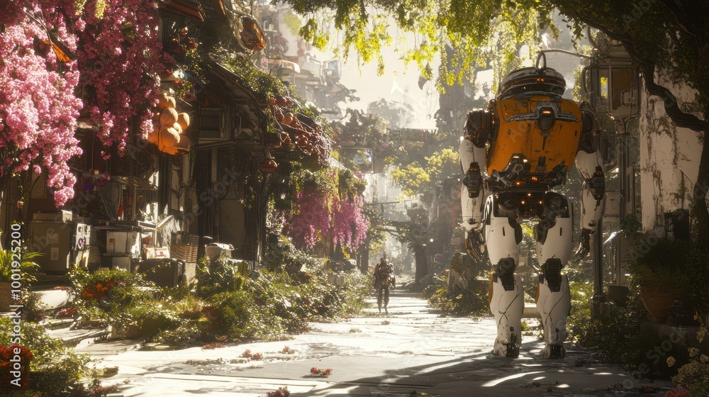 Naklejka premium A Futuristic Robot Walks Through a Greenery-Filled City Street