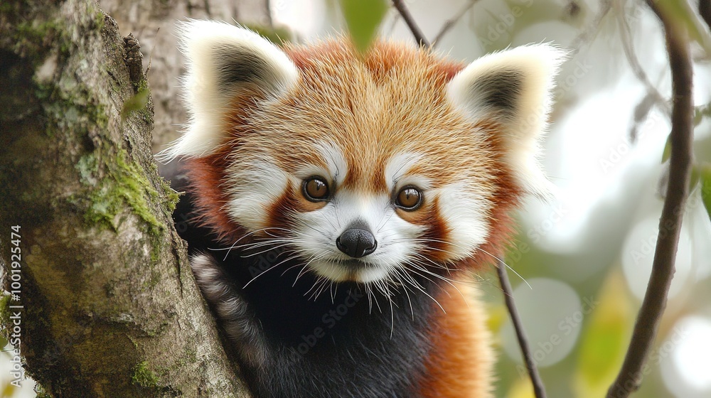 Obraz premium Adorable red panda resting on a tree branch in a lush forest. The red panda’s reddish-brown fur, bushy tail, and curious expression highlight the cuteness and unique characteristics 