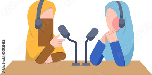 Muslim Women Recording Podcast Illustration
