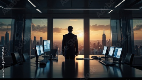 Businessman Looking at Cityscape from Office