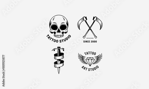 Collection of tattoo studio logos featuring various designs.