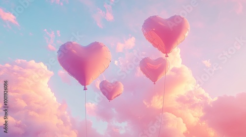 A dreamy sky with a few clouds shaped like heart-shaped balloons, softly glowing in pastel colors
