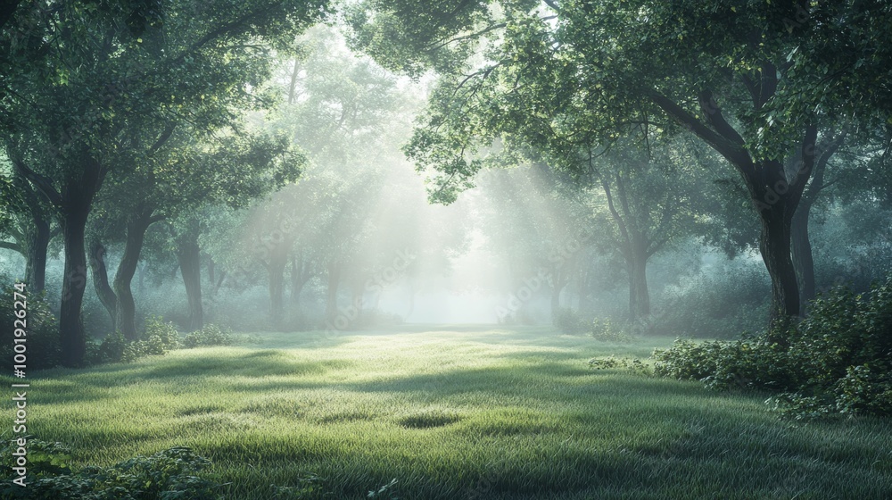 Fototapeta premium A foggy morning in a serene forest, with light softly filtering through the trees