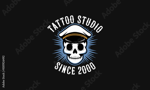 Skull logo with a captain's hat for a tattoo studio.
