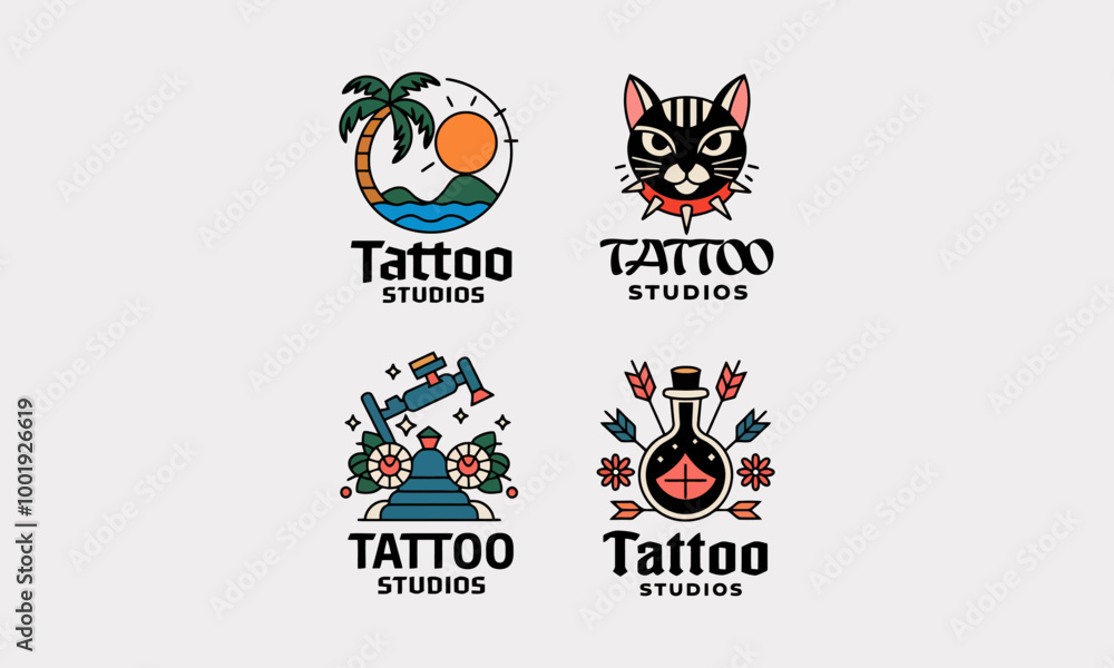 Obraz premium Colorful tattoo studio logos featuring various themes.