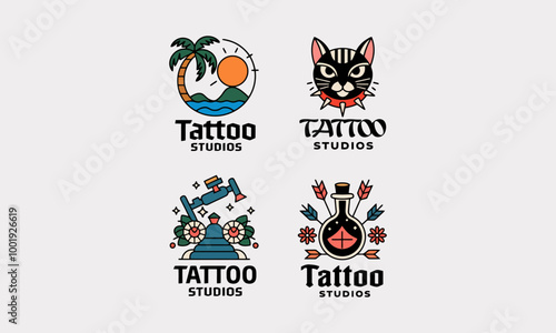 Colorful tattoo studio logos featuring various themes.