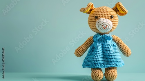 Crochet soft toy cow bull of beige color in a blue dress isolated on colorful background photo