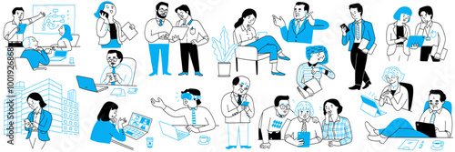 Cute character illustration doodles of business people using gadgets while working and communicating. Outline, thin line art, linear, hand drawn sketch design, simple style.
