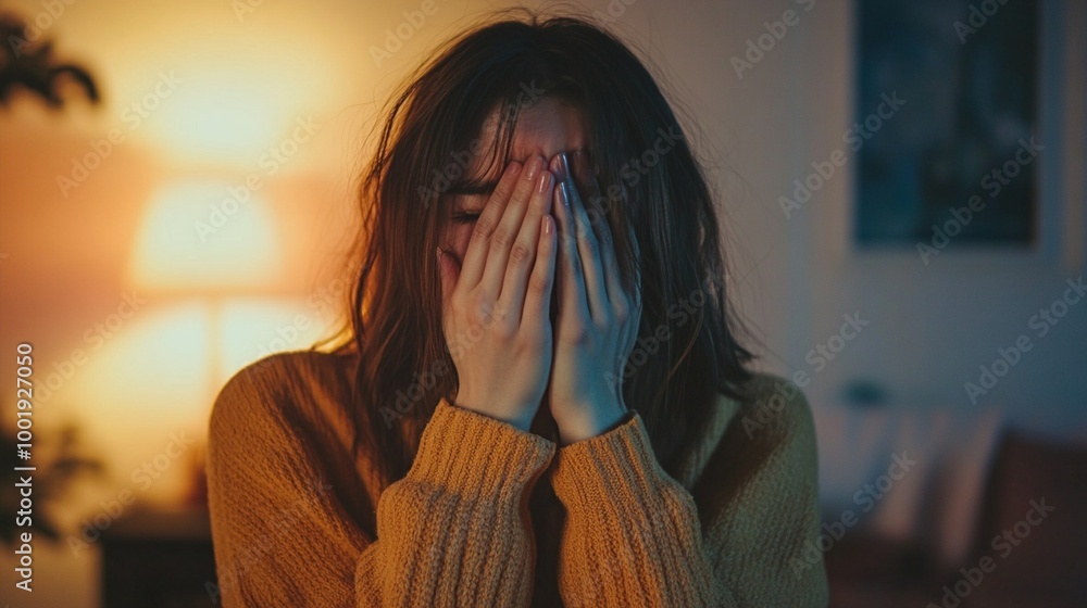 Emotional portrait capturing vulnerability and distress: woman in warm sweater covers face with hands, bathed in soft golden light of sunset or lamp. Emotional portrait capturing vulnerability and distress: woman in warm sweater covers face with hands, bathed in soft golden light of sunset or lamp.