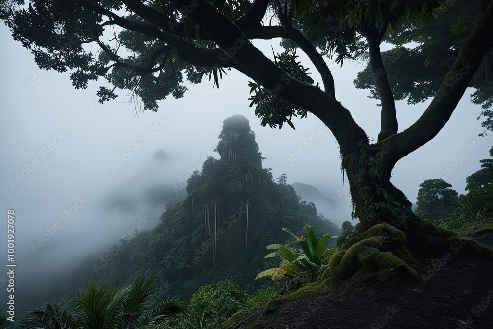 Obraz premium Enchanting Tropical Forest in Foggy Mountain Scenery
