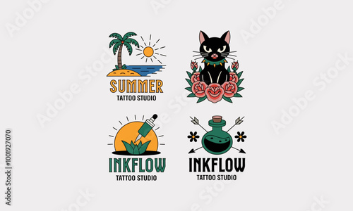 Colorful tattoo studio logos featuring various themes.
