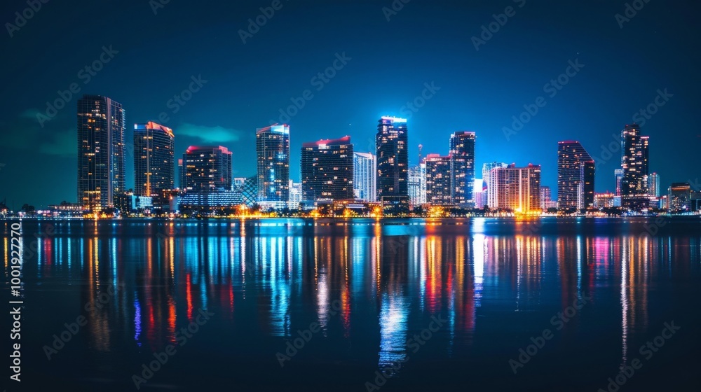 Obraz premium A city skyline at night with lights reflecting on the water with