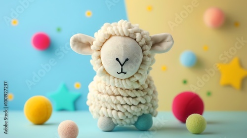 cute sheep doll with colorful ball ornament and yellow star isolated on colorful background