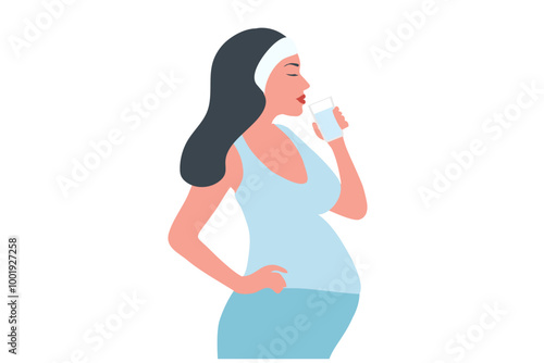 Pregnant woman drinking water bottle vector illustration. Healthy lifestyle mother and mother care concept
