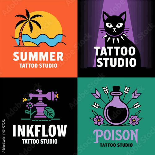 Vibrant tattoo studio logos with unique themes.