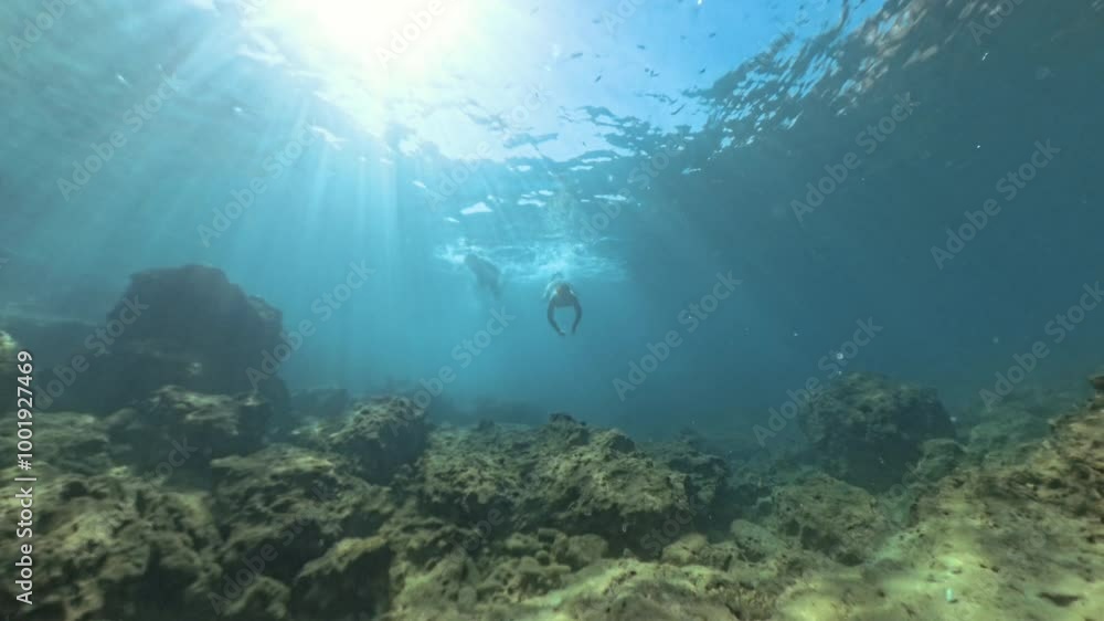 A Man and a Woman Swim Near the Ocean Floor, Exploring Rocky Terrain. Sunlight Streams Down from the Surface. Wide Angle. A Man and a Woman Swim Near the Ocean Floor, Exploring Rocky Terrain. Sunlight Streams Down from the Surface. Wide Angle.