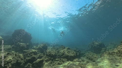 Wallpaper Mural A Man and a Woman Swim Near the Ocean Floor, Exploring Rocky Terrain. Sunlight Streams Down from the Surface. Wide Angle. Torontodigital.ca