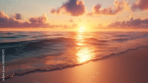 A serene beach at sunset, golden light reflecting on the sand and water