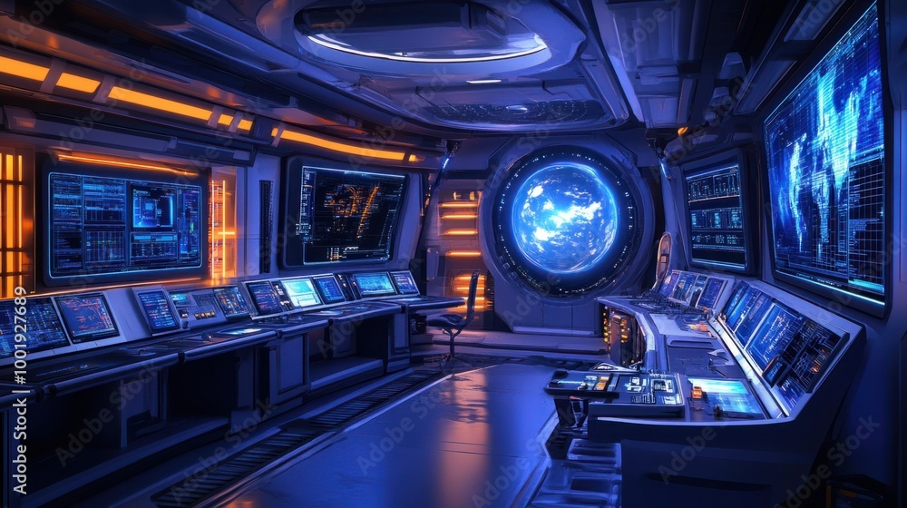 Obraz premium A high-tech control center inside a space station, where scientists analyze data from ongoing experiments and missions