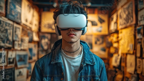 Young person explores virtual reality technology in an artistic gallery setting during a vibrant event showcasing digital art