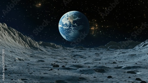 A lunar landscape with Earth visible in the background, capturing the beauty of the Moon surface against the vastness of space