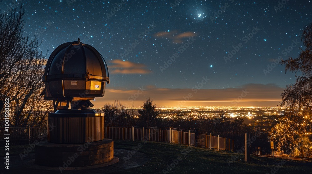 A nighttime view of an observatory telescope illuminated by a nearby city lights, contrasting with the dark sky A nighttime view of an observatory telescope illuminated by a nearby city lights, contrasting with the dark sky