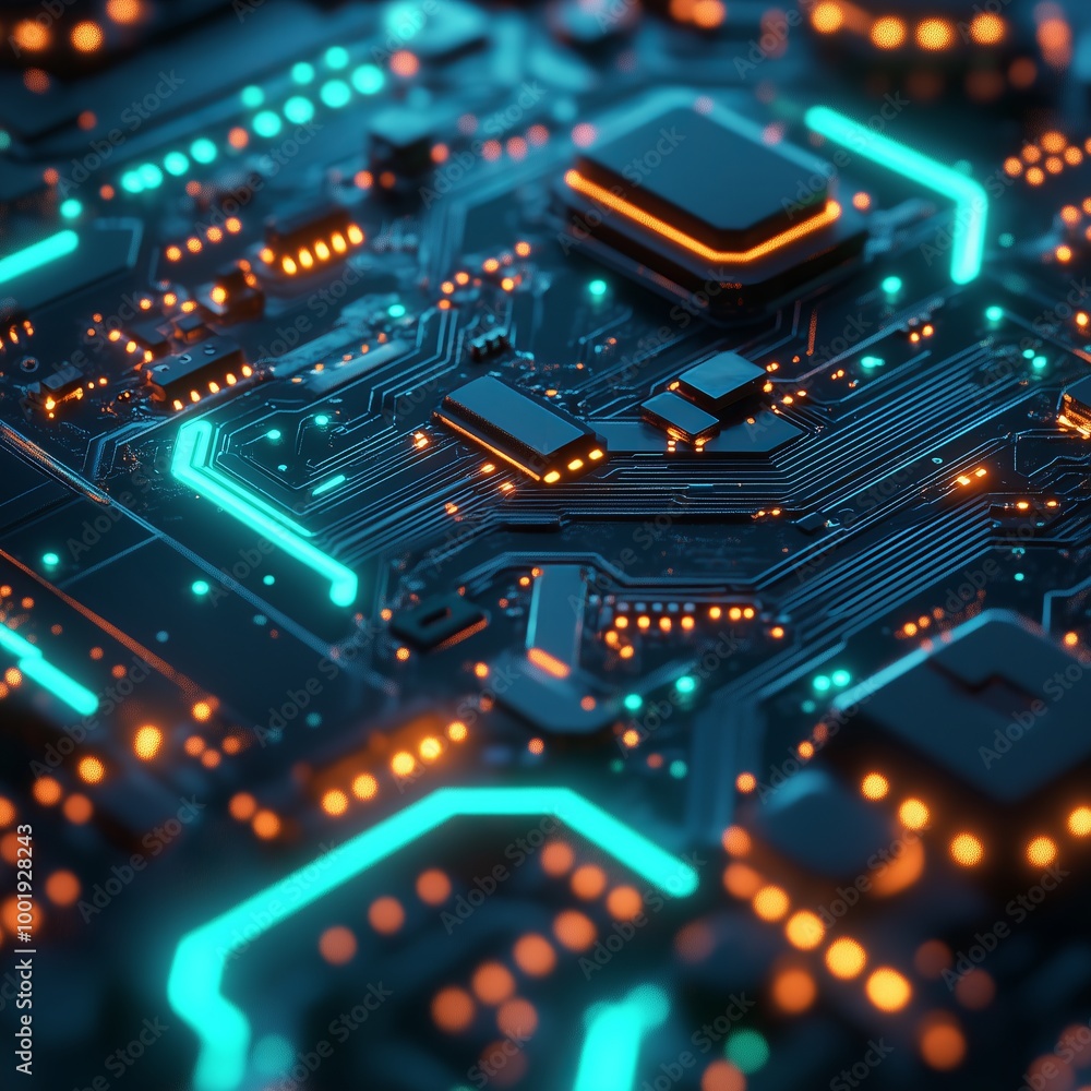 Obraz premium Cyberpunk-Style 3D Digital Circuit Board for Futuristic Technology Concepts