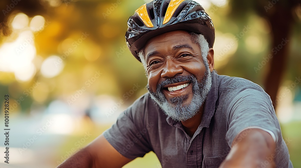 Happy mature senior black african american man riding his bicycle through a park on a sunny day, Happy mature senior black african american man riding his bicycle through a park on a sunny day,